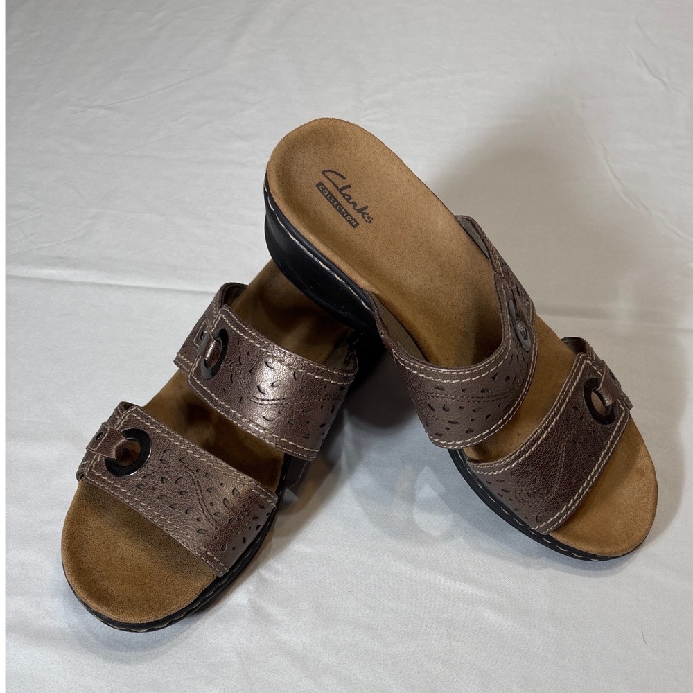 Clarks Collection Women 9W Bronze Metallic Leather Slide Wedge Sandals 26065790
